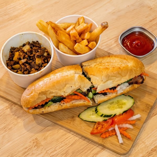 Sliced Banh Mi sandwich, fries, chopped meat, and ketchup on a wooden board with vegetables.