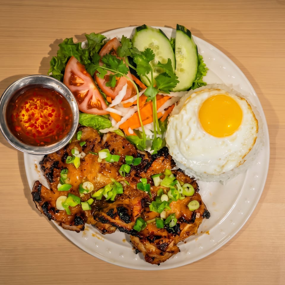 Grilled chicken with rice, fried egg, fresh salad, and chili dipping sauce.