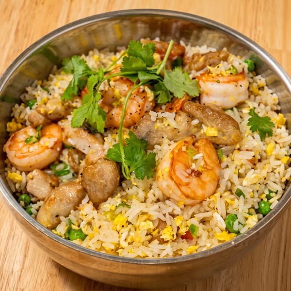Shrimp and chicken fried rice with peas, egg, and cilantro in a metal bowl.